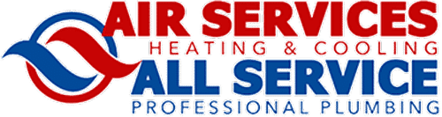 Logo for Air Services, featuring the text "Heating & Cooling" and "All Service Professional Plumbing" in red and blue.