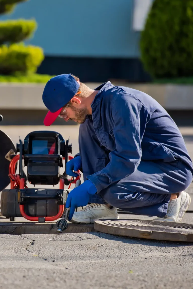 A worker in blue coveralls and a cap uses equipment to inspect a sewer line on a street.