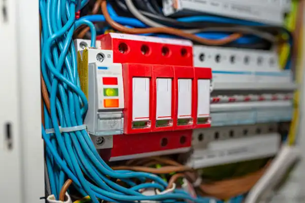 Close-up of an electrical panel featuring multiple circuit breakers, with numerous blue and brown wires connected, and a visible indicator with red and green lights.