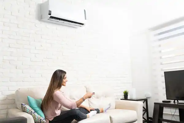 Woman sitting on a sofa, using a remote control to adjust the air conditioner mounted on a white brick wall. A television and decorative items are in the room.