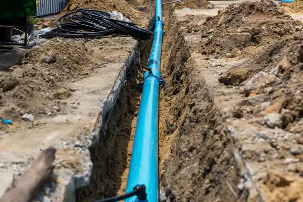 A blue pipeline is installed in a trench surrounded by dirt and construction debris.