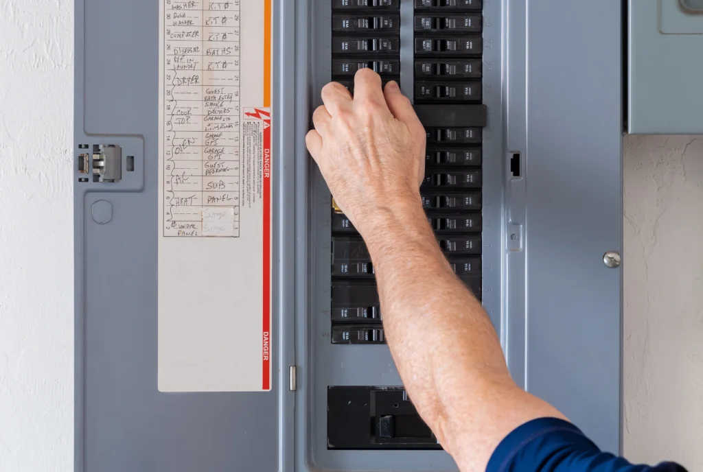 A person adjusts a switch in a circuit breaker panel, with a handwritten list of circuits on the door.