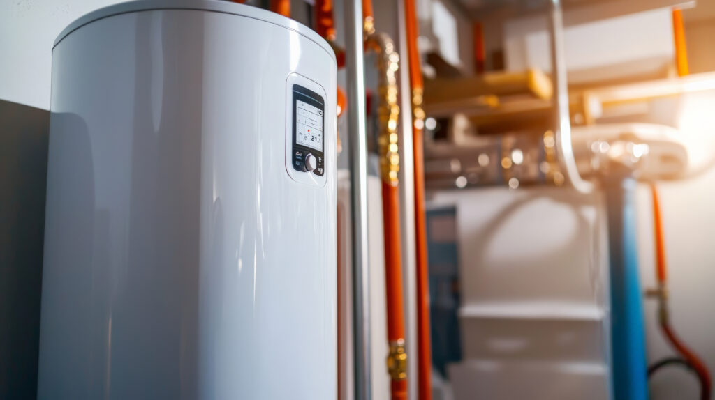 A white water heater with a digital control panel stands in a room with red and copper pipes in the background.