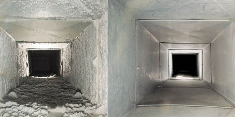 Side-by-side view of air ducts; the left duct is covered in dust and debris, while the right duct is clean—showing the benefits of regular maintenance, especially when using blown-in insulation.