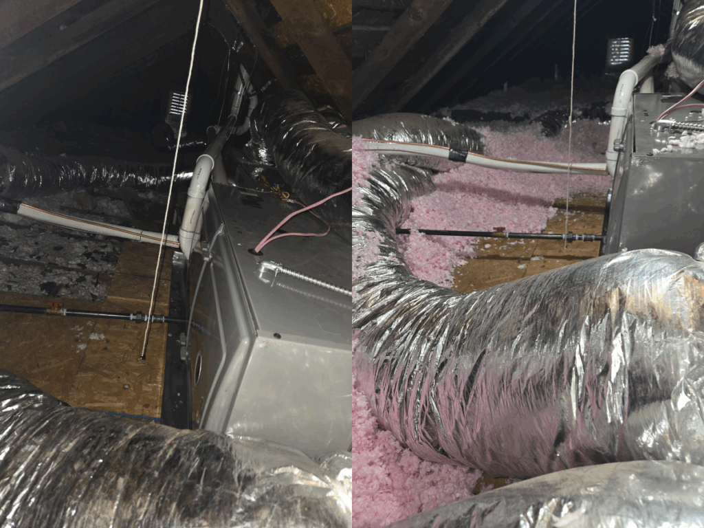 Two views of an attic with HVAC ductwork and insulation; silver air ducts and a furnace unit are visible amid pink insulation, exposed wooden beams, and signs of water presence in the surrounding area.